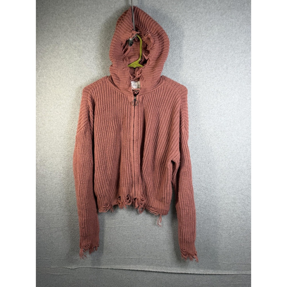 Pink Rose Sweater Woman's Large Pink Distressed Hooded Full Zip Chunky Knit